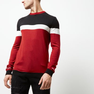 Red colour block slim fit jumper